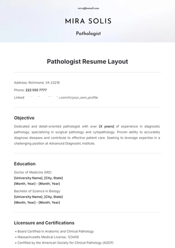 Free Pathologist Resume Layout Template to Edit Online