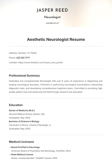 Free Aesthetic Neurologist Resume Template to Edit Online