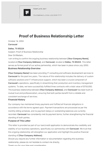 Free Proof of Business Relationship Letter Template to Edit Online