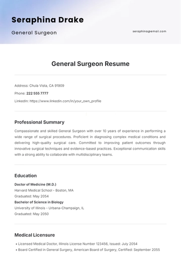 Free General Surgeon Resume Template to Edit Online