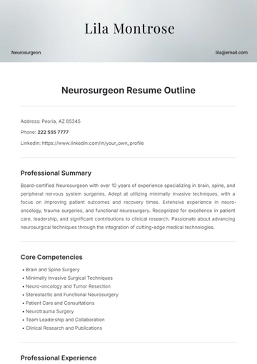 Free Neurosurgeon Resume Outline Template to Edit Online