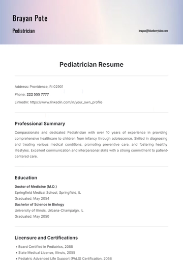 Free Pediatrician Resume Template to Edit Online