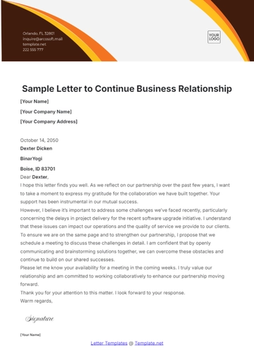 Free Sample Letter to Continue Business Relationship Template to Edit Online