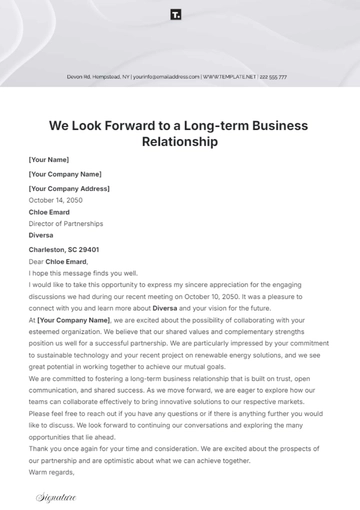 Free We Look Forward to a Long-term Business Relationship Letter Template to Edit Online