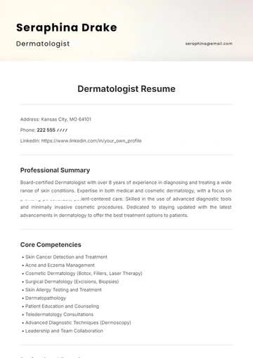 Free Dermatologist Resume Template to Edit Online