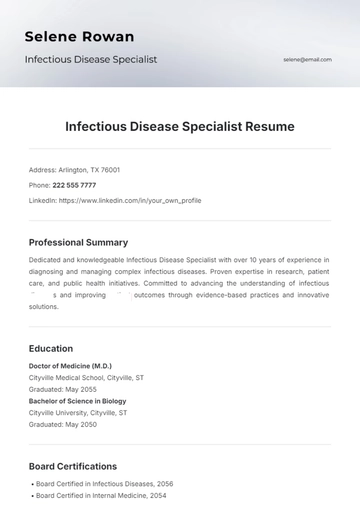Free Infectious Disease Specialist Resume Template to Edit Online