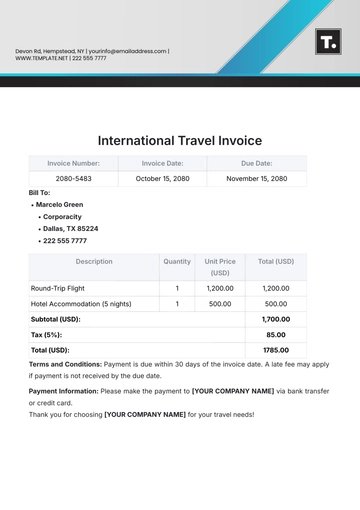 Free International Travel Invoice Template to Edit Online