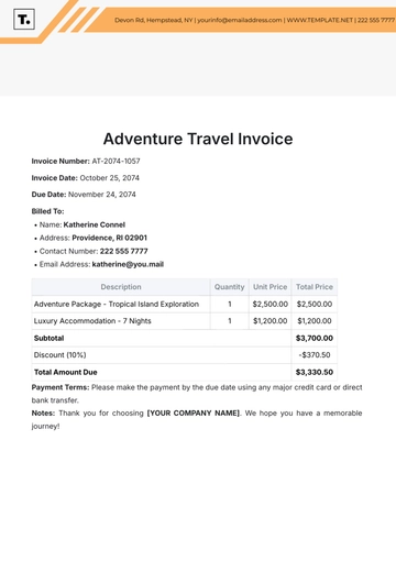 Free Adventure Travel Invoice Template to Edit Online
