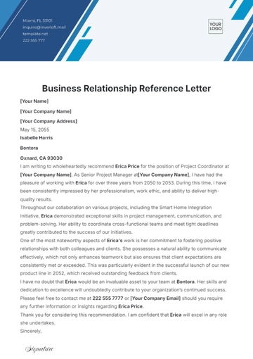 Free Business Relationship Reference Letter Template to Edit Online