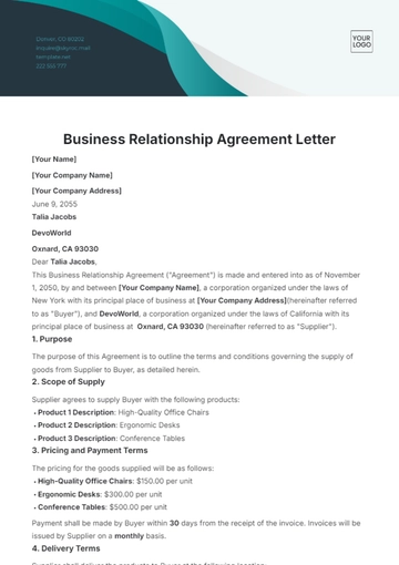 Free Business Relationship Agreement Letter Template to Edit Online