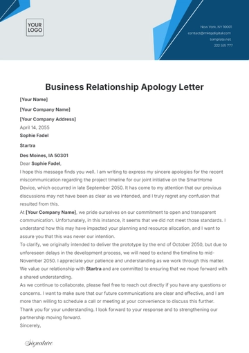 Free Business Relationship Apology Letter Template to Edit Online