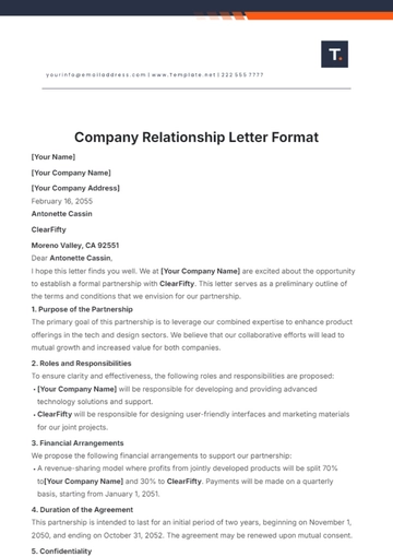 Free Company Relationship Letter Format Template to Edit Online