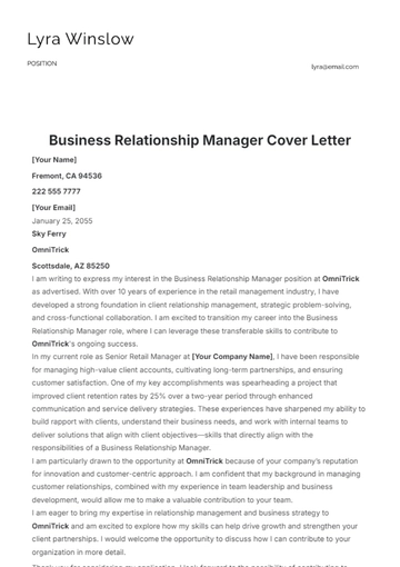 Free Business Relationship Manager Cover Letter Template to Edit Online