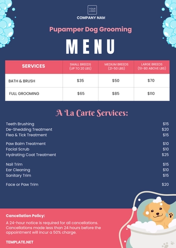 Free Dog Grooming Menu Template to Edit Online