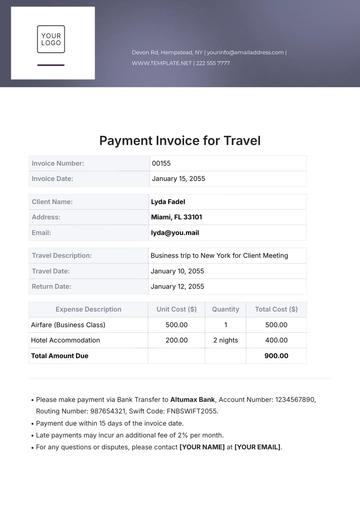 Free Payment Invoice Template for Travel to Edit Online