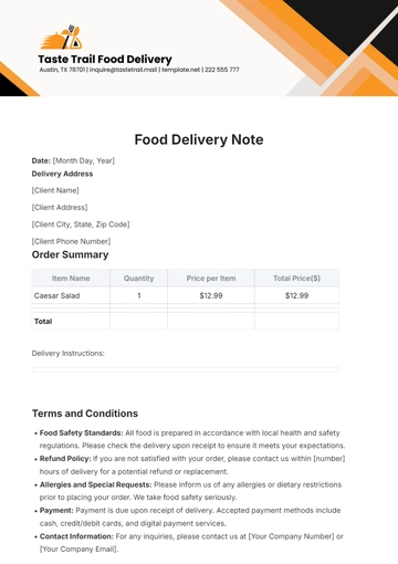 Free Food Delivery Note Template to Edit Online