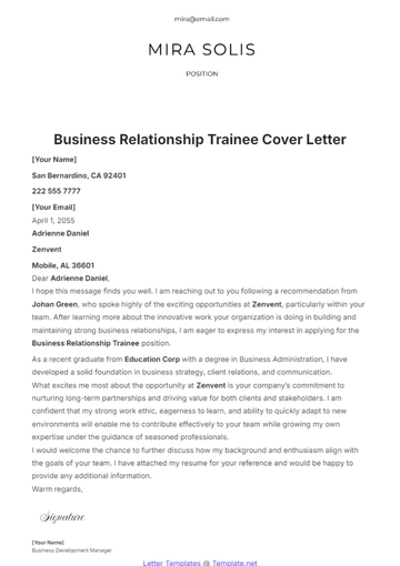 Free Business Relationship Trainee Cover Letter Template to Edit Online