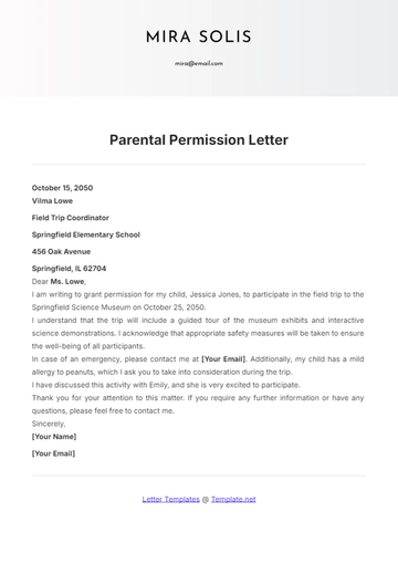 Free Parental Permission Letter Template to Edit Online