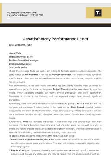 Free Unsatisfactory Performance Letter Template to Edit Online