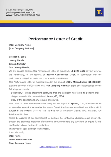 Free Performance Letter of Credit Template to Edit Online