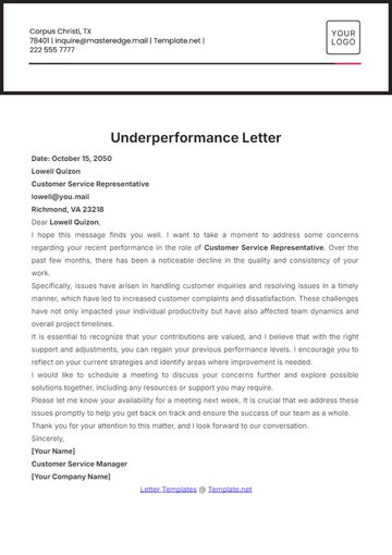 Free Underperformance Letter Template to Edit Online