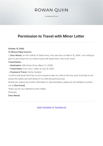 Free Permission to Travel with Minor Letter Template to Edit Online