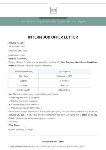 Free Intern Job Offer Letter Template to Edit Online