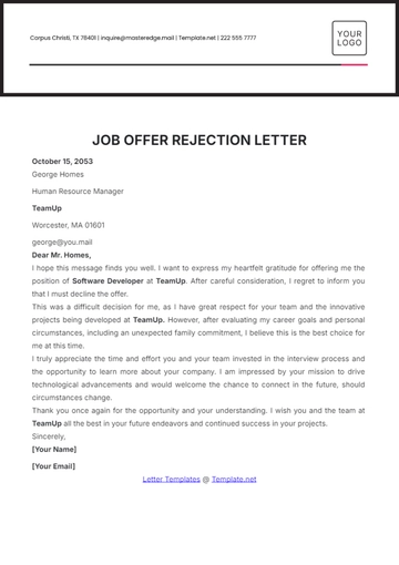 Free Job Offer Rejection Letter Template to Edit Online