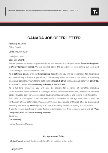 Free Canada Job Offer Letter Template to Edit Online