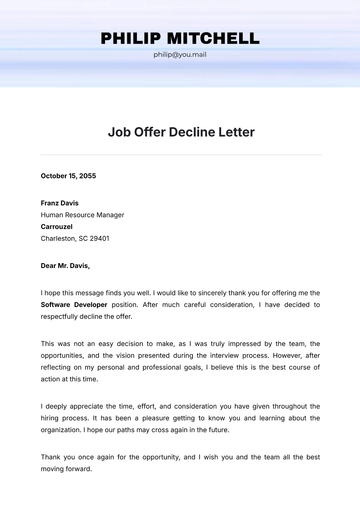 Free Job Offer Decline Letter Template to Edit Online