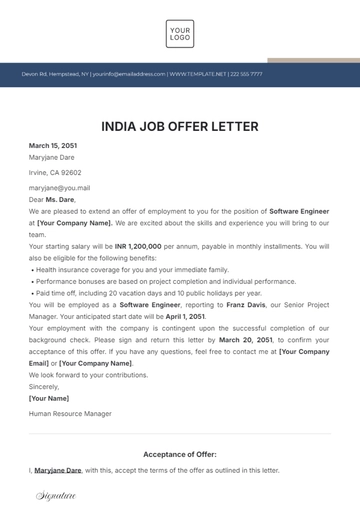 Free India Job Offer Letter Template to Edit Online