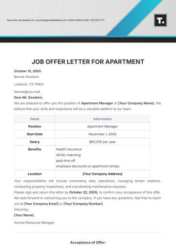 Free Job Offer Letter Template for Apartment to Edit Online
