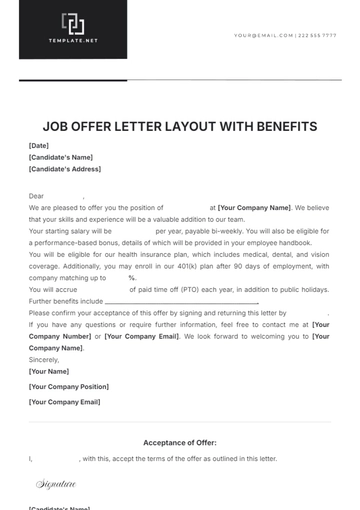 Free Job Offer Letter Layout with Benefits Template to Edit Online