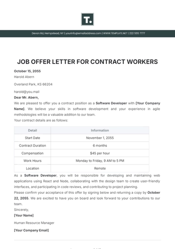 Free Job Offer Letter for Contract Workers Template to Edit Online