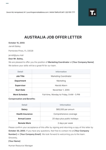 Free Australia Job Offer Letter Template to Edit Online