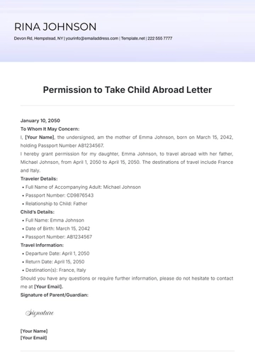 Free Permission to Take Child Abroad Letter Template to Edit Online