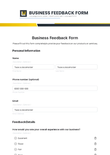 Free Business Feedback Form Template to Edit Online