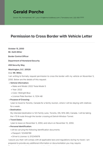 Free Permission to Cross Border with Vehicle Letter Template to Edit Online