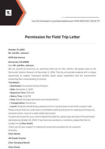 Free Permission for Field Trip Letter Template to Edit Online