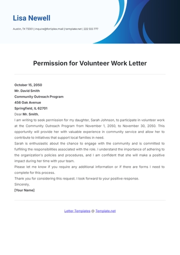 Free Permission for Volunteer Work Letter Template to Edit Online