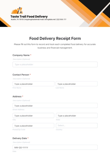 Free Food Delivery Receipt Form Template to Edit Online