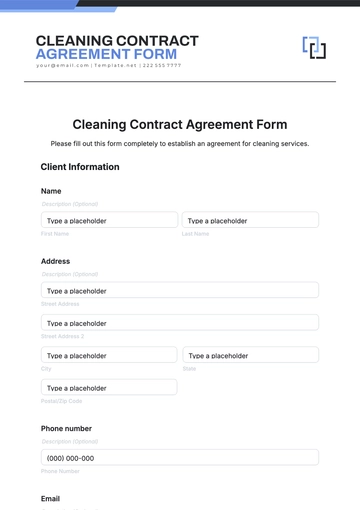 Free Cleaning Contract Agreement Form Template to Edit Online