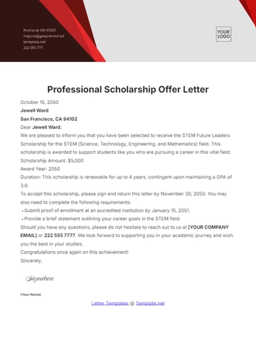 Free Professional Scholarship Offer Letter Template to Edit Online