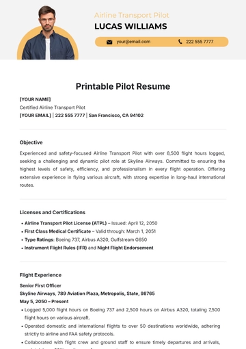 Free Printable Pilot Resume Template to Edit Online