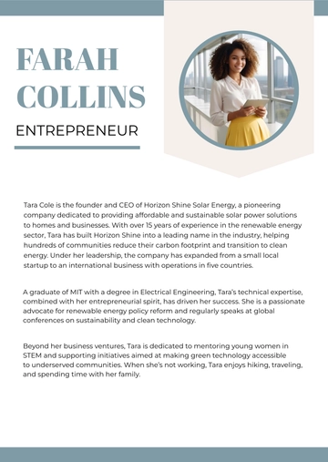 Free Entrepreneur Professional Bio Template to Edit Online