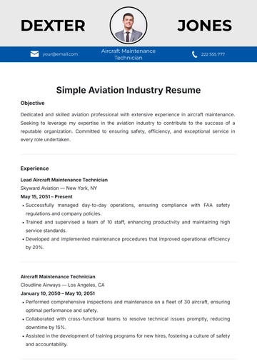 Free Simple Aviation Industry Resume Template to Edit Online