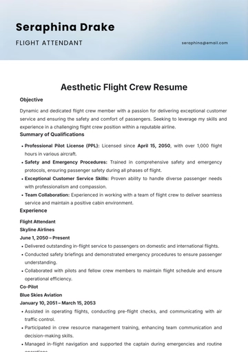 Free Aesthetic Flight Crew Resume Template to Edit Online