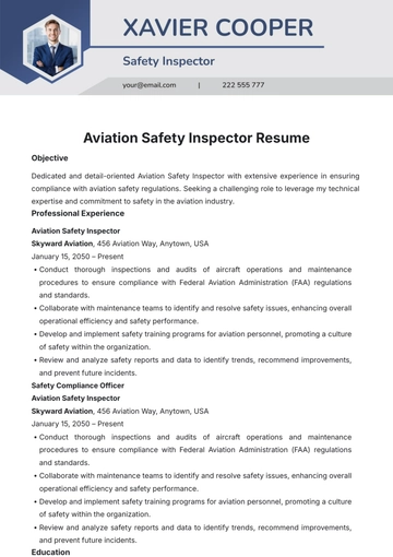 Free Aviation Safety Inspector Resume Template to Edit Online