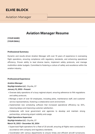 Free Aviation Manager Resume Template to Edit Online