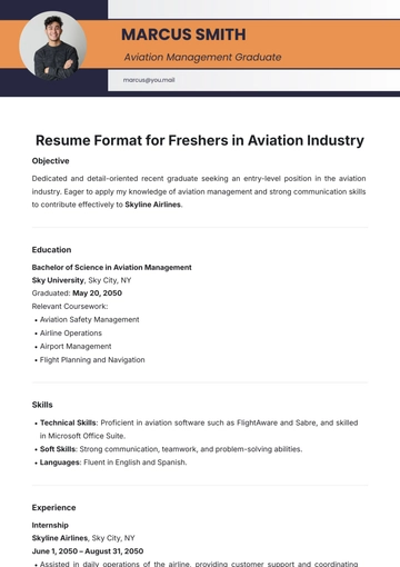 Free Resume Format Template for Freshers in Aviation Industry to Edit Online